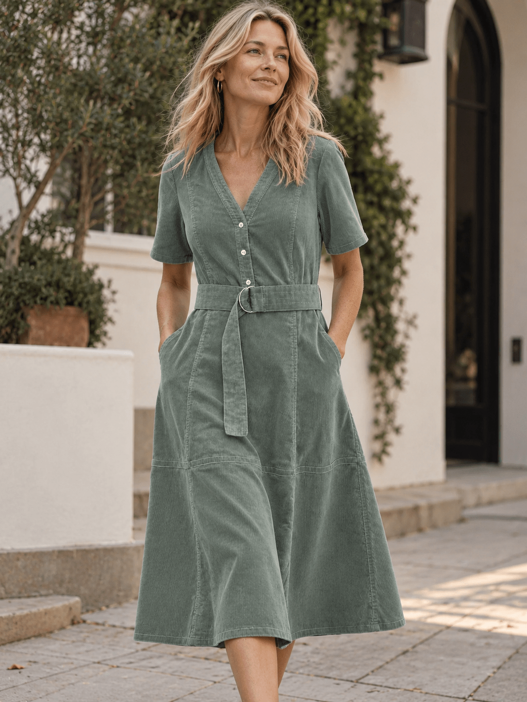 MAXINE dress Sage Corduroy - Lesley Evers-Dress-Shop-Shop/All Products