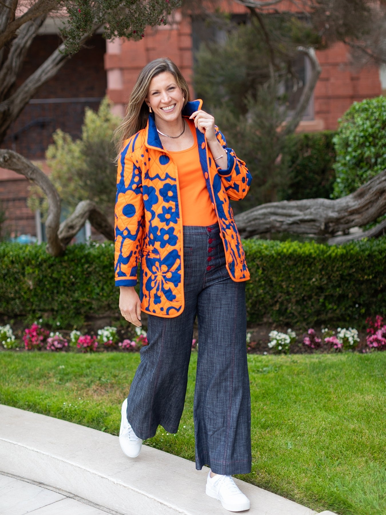 PETRA quilted coat Flower Buds Orange and Navy - Lesley Evers - Best Seller - coat - outerwear