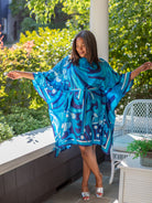 SERENA silk caftan Flowerland Blue - Lesley Evers - chic silk - kaftan - magenta