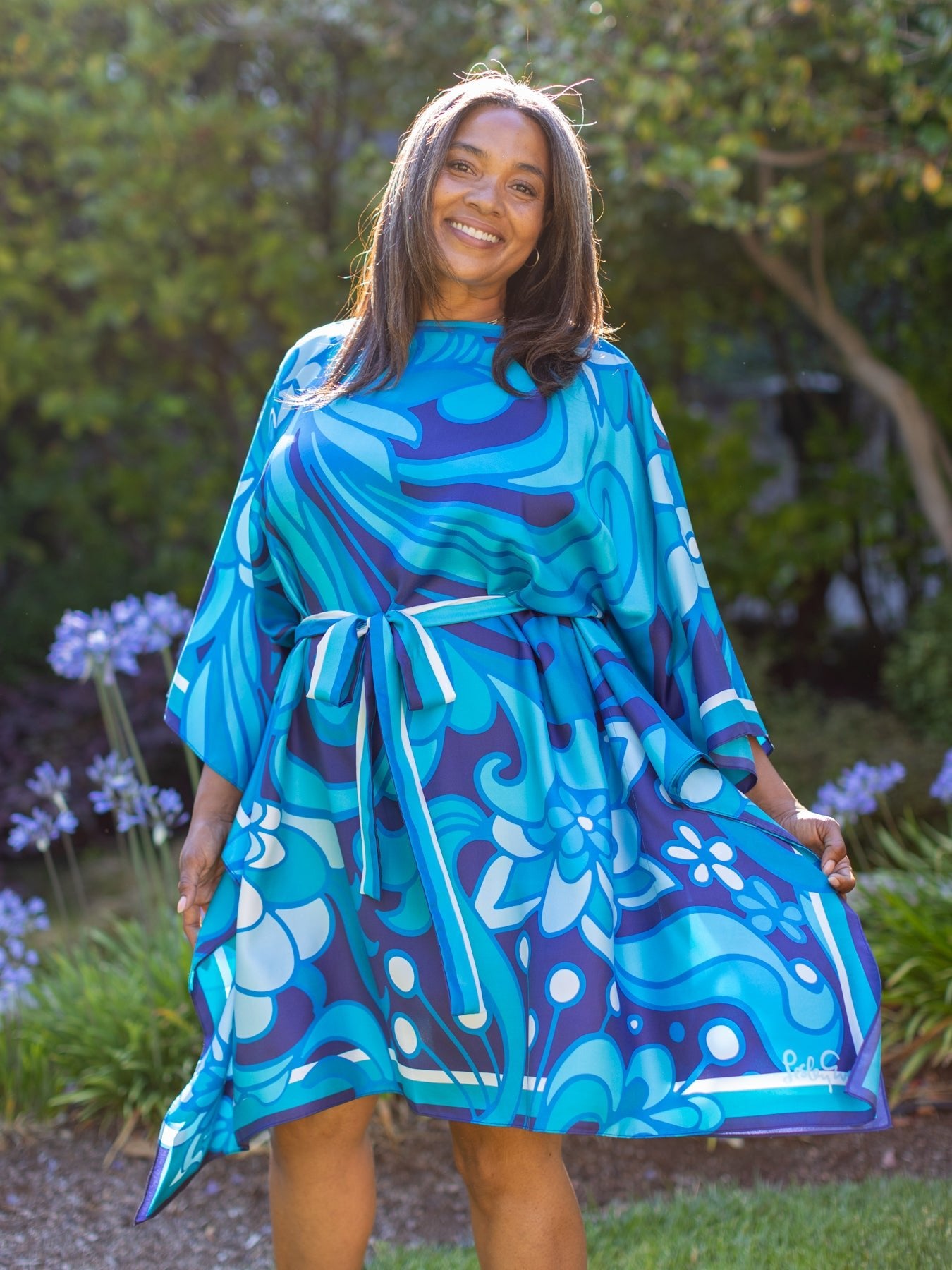 SERENA silk caftan Flowerland Blue XS S