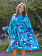 SERENA silk caftan Flowerland Blue - Lesley Evers - chic silk - kaftan - magenta