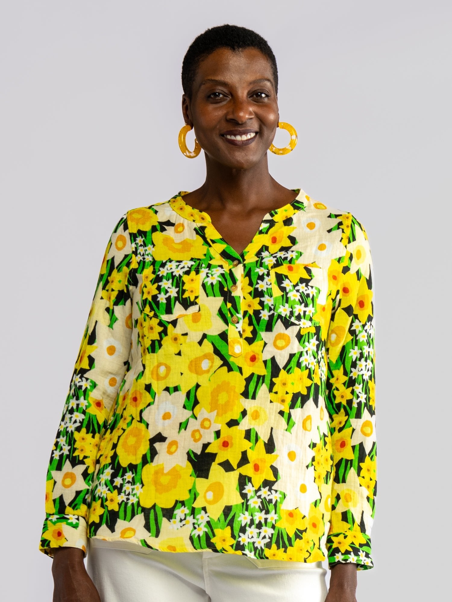 yellow patterned blouse