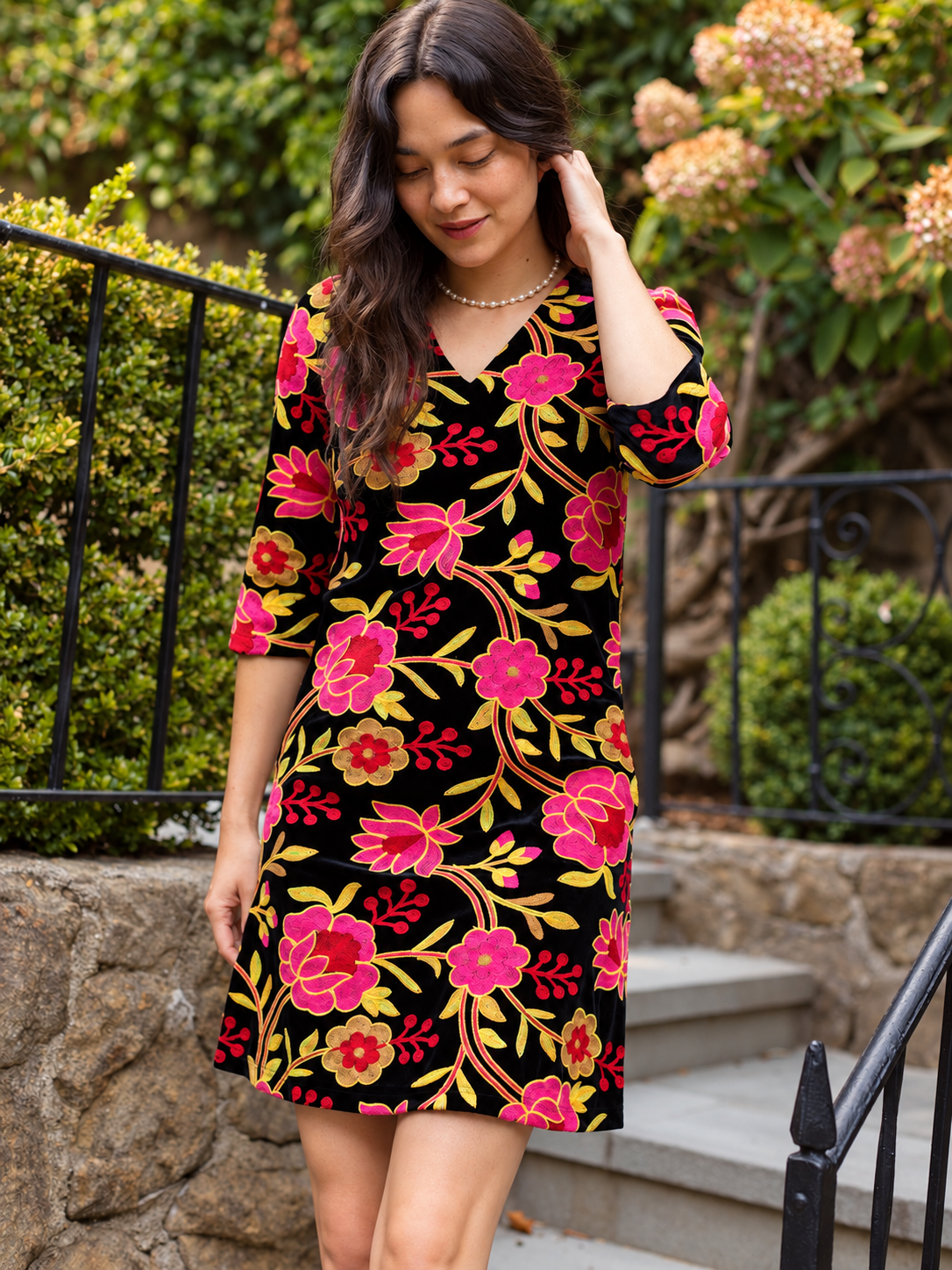 VERONICA dress Embroidered Velvet Pink - Lesley Evers-Black-Dress-Shop