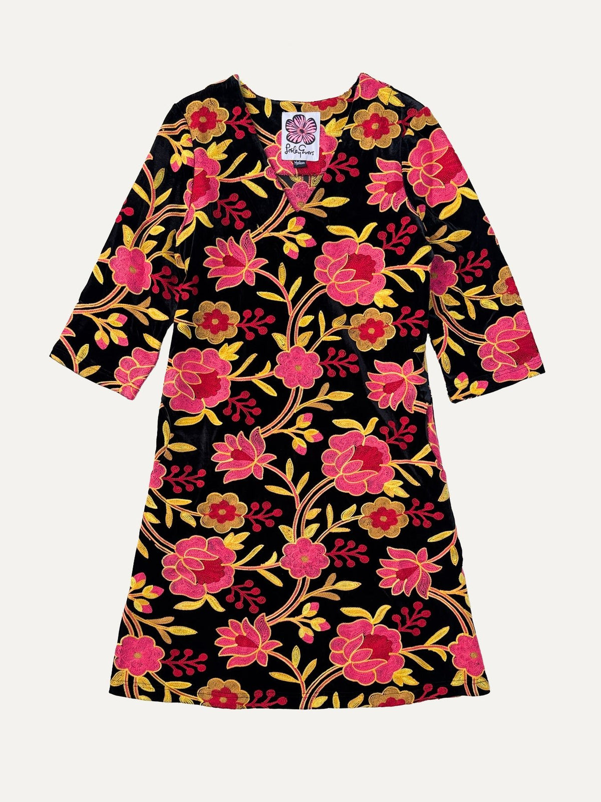 VERONICA dress Embroidered Velvet Pink - Lesley Evers-Black-Dress-Shop