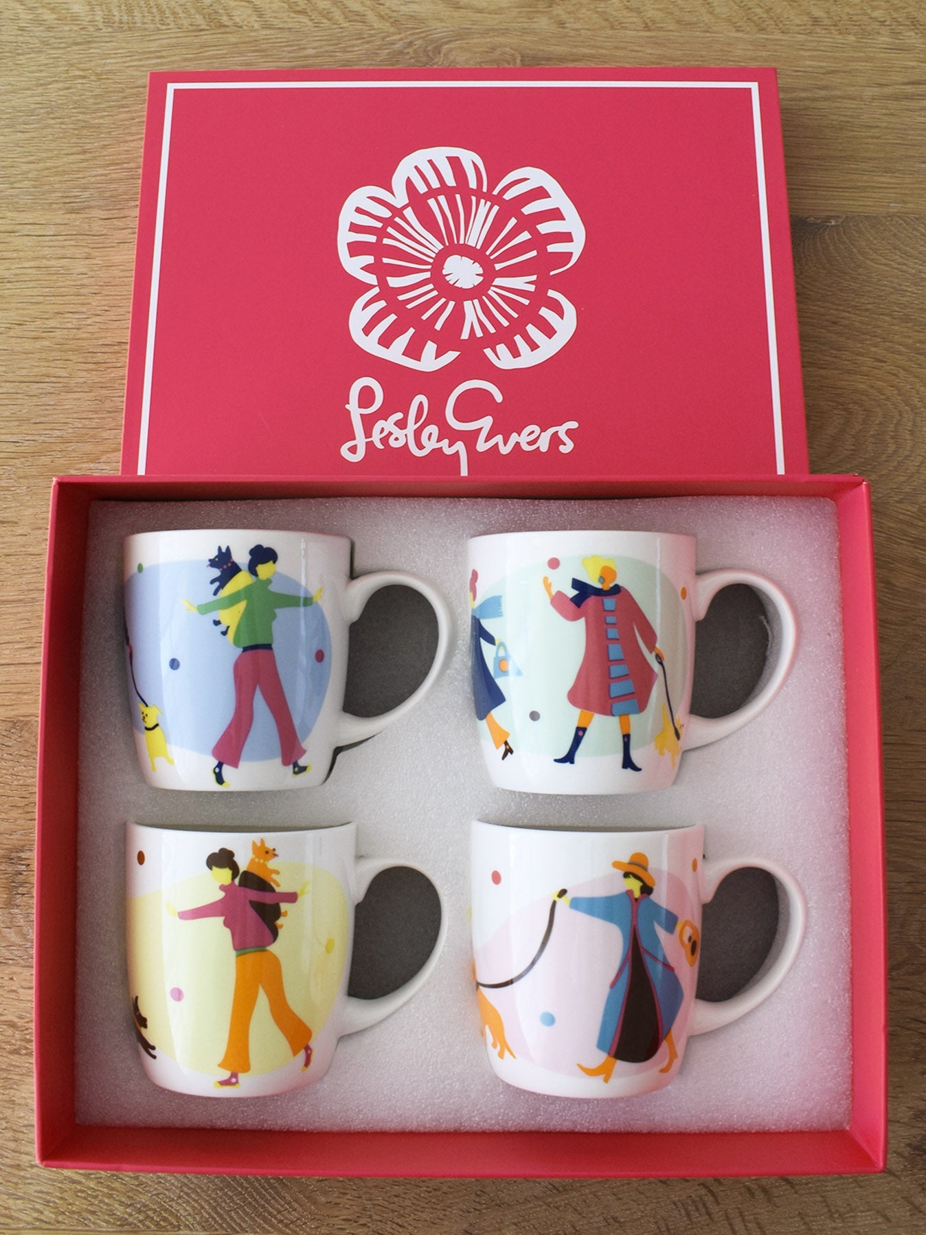 CERAMIC MUGS set of 4 Ladies Walking Dogs - Lesley Evers-china mug-coffee cup-coffee mug