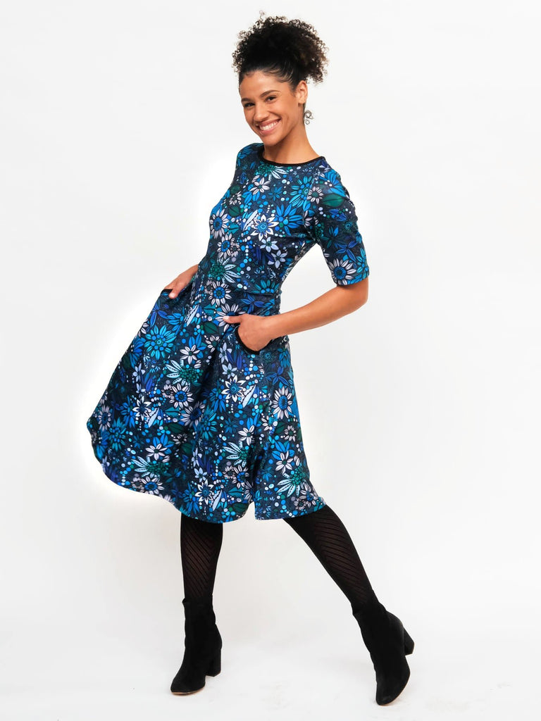 CLAIRE dress Nostalgia Flower Teal - Lesley Evers-ARDEN-Black-blue dress