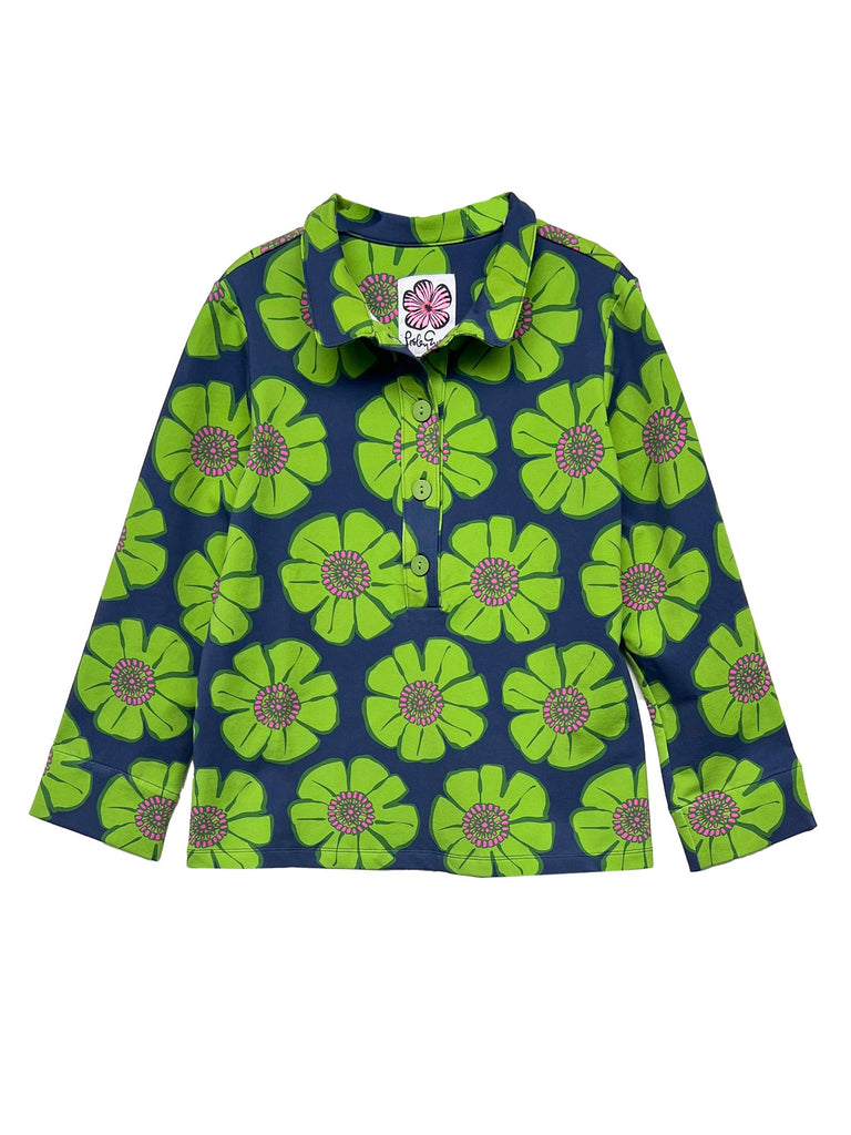 LISA top Blooms Green and Navy - Lesley Evers-blooms-rugby shirt-Shop