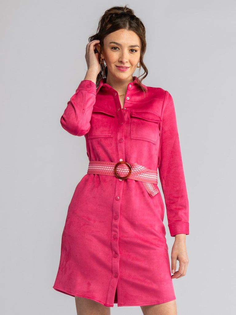 MAYA shirtdress Magenta Faux Suede - Lesley Evers-Best Seller-bright-collared dress