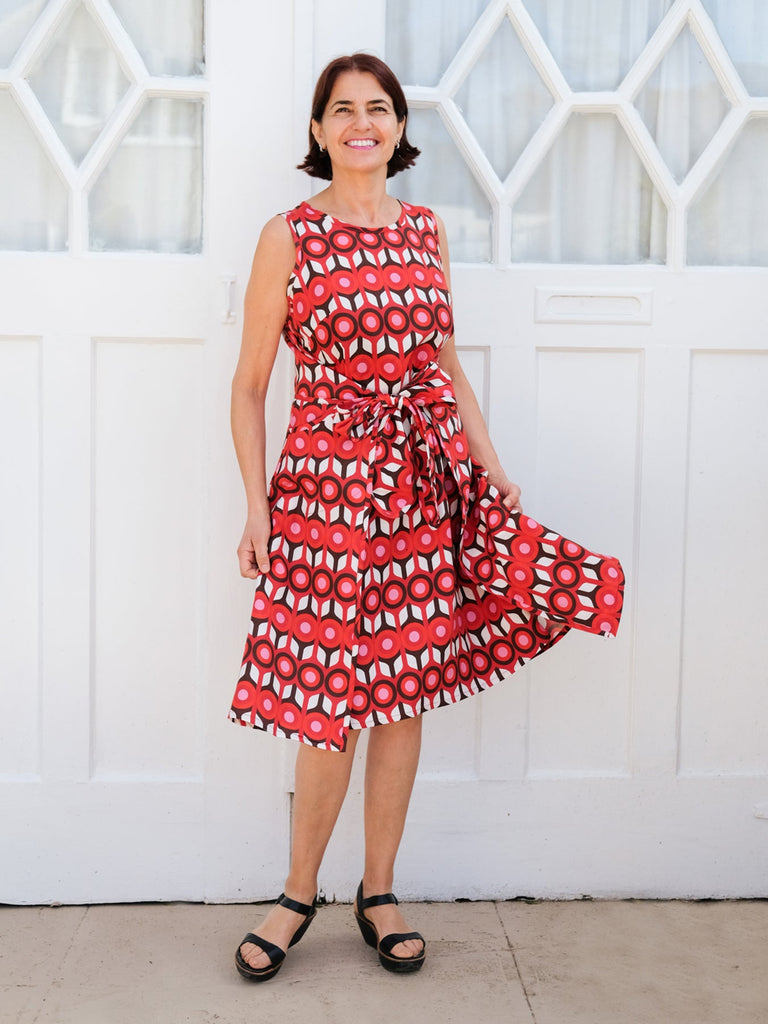 PENELOPE wrap dress Bullseye Red - Lesley Evers-apron dress-bullseye-dress
