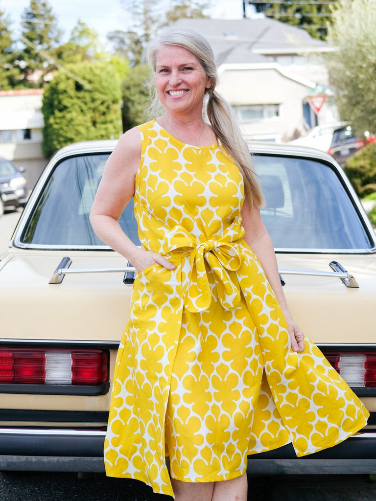 PENELOPE wrap dress Yellow Fleurette - Lesley Evers-apron dress-dress-fleurette