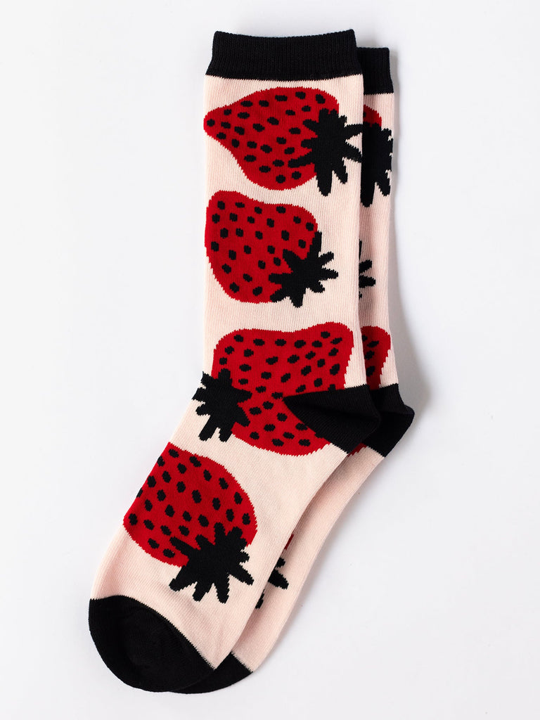 SOCKS Strawberries Black - Lesley Evers-colorful socks-crew socks-fun socks