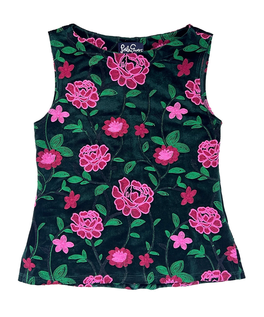 STELLA velvet top Pink Rose Embroidery - Lesley Evers-Best Seller-Corinth-corinth green